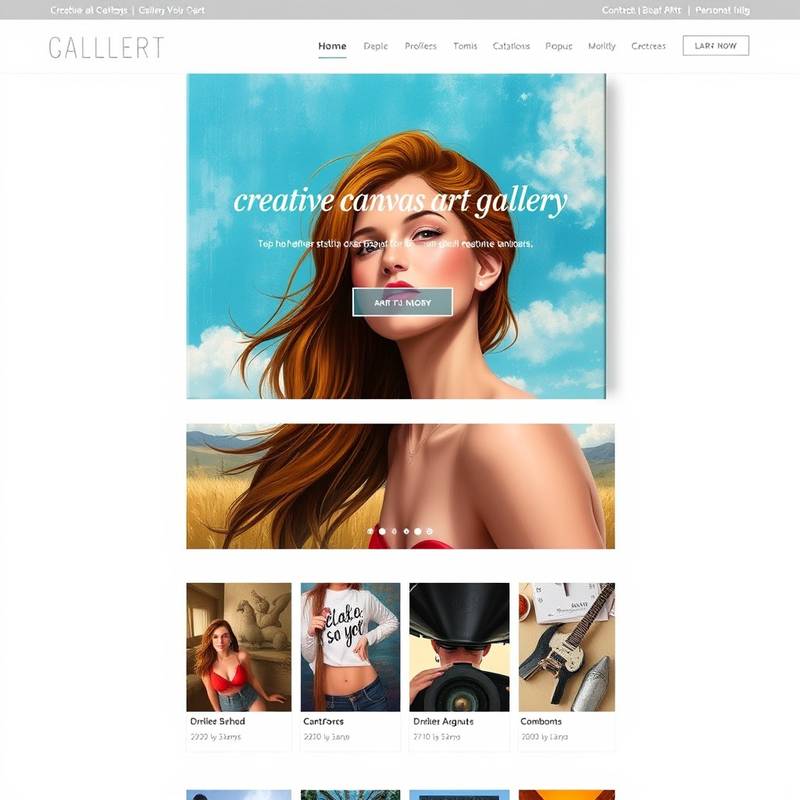 Detailed View of Creative Canvas Art Gallery Website, showing artwork displays, artist profiles, and exhibition details.