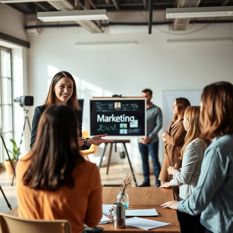 Elena Smirnova presenting a digital marketing strategy to the Aurora Creative Studios team.